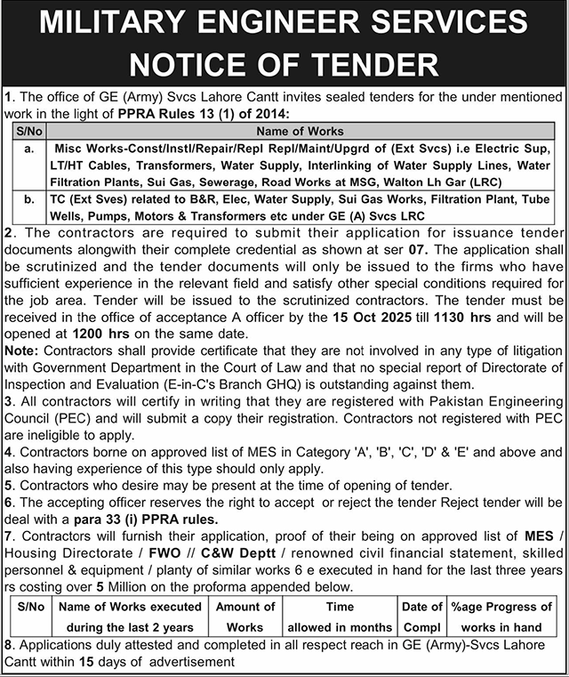 Military Engineering Services Tender Notice